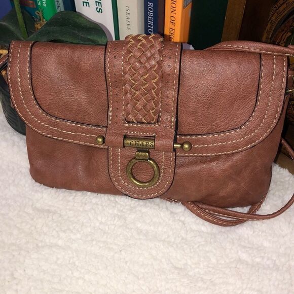 Chaps Cognac Tan Faux Leather Envelope Crossbody Bag Purse - Picture 1 of 12